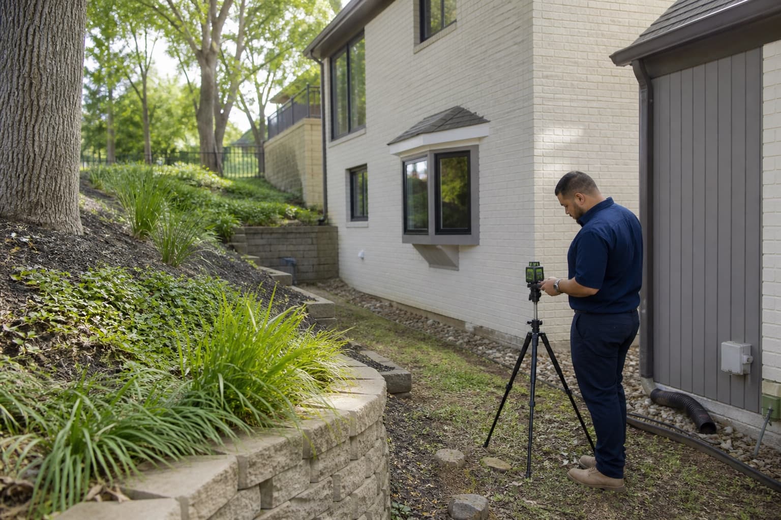 Technician observing the high side of an illustrative Grapevine-area home on a landscaped slope