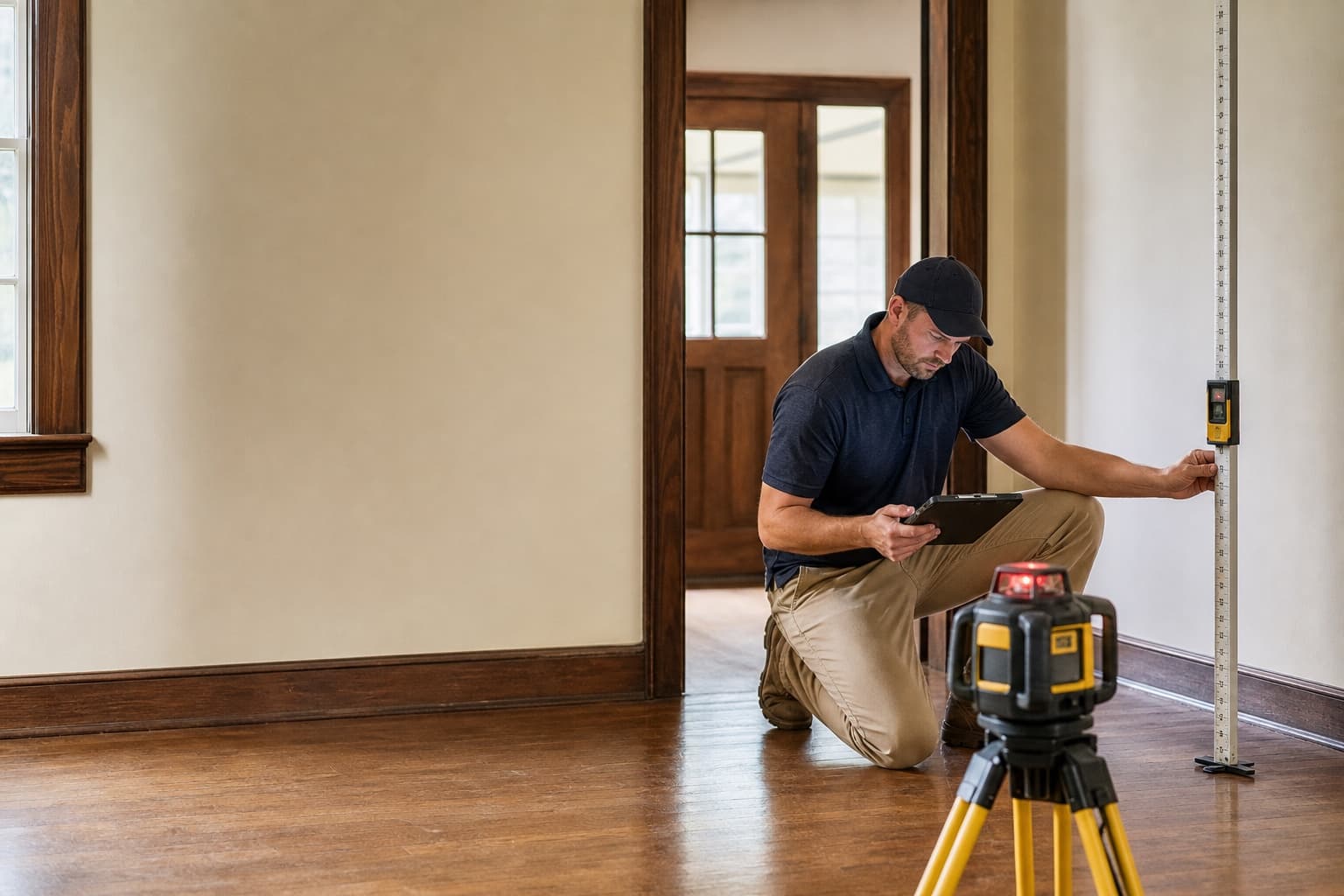 Technician mapping floor elevations inside a North Texas home