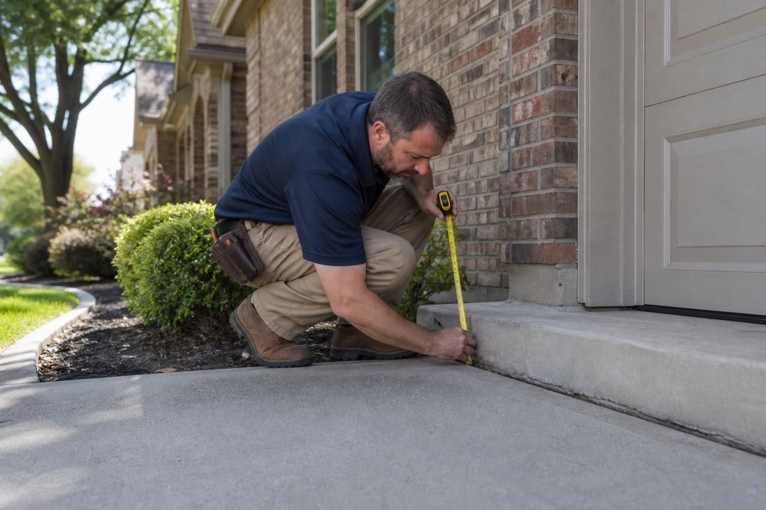 Inspector measuring driveway and slab transitions at a Hurst Texas residence