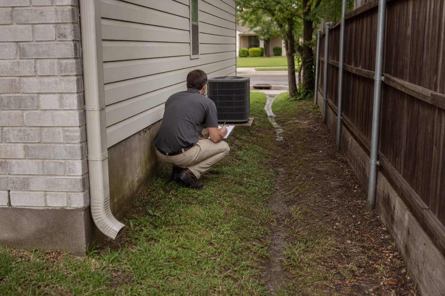 Technician tracing side-yard drainage at an illustrative established Hurst-area home