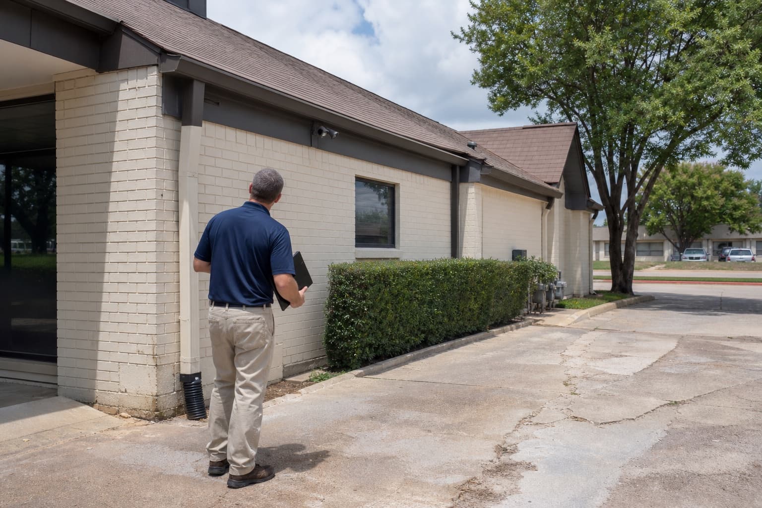 Foundation inspector reviewing paving and exterior movement at an Irving Texas commercial property