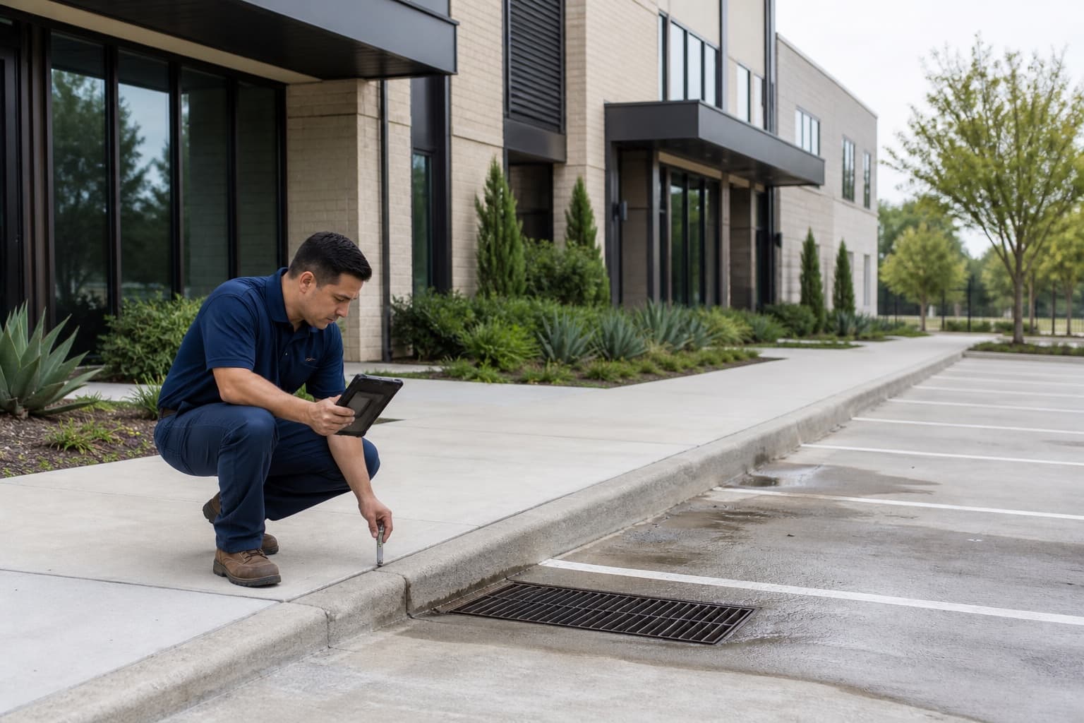 Technician documenting foundation and paving conditions at an illustrative Irving mixed-use property