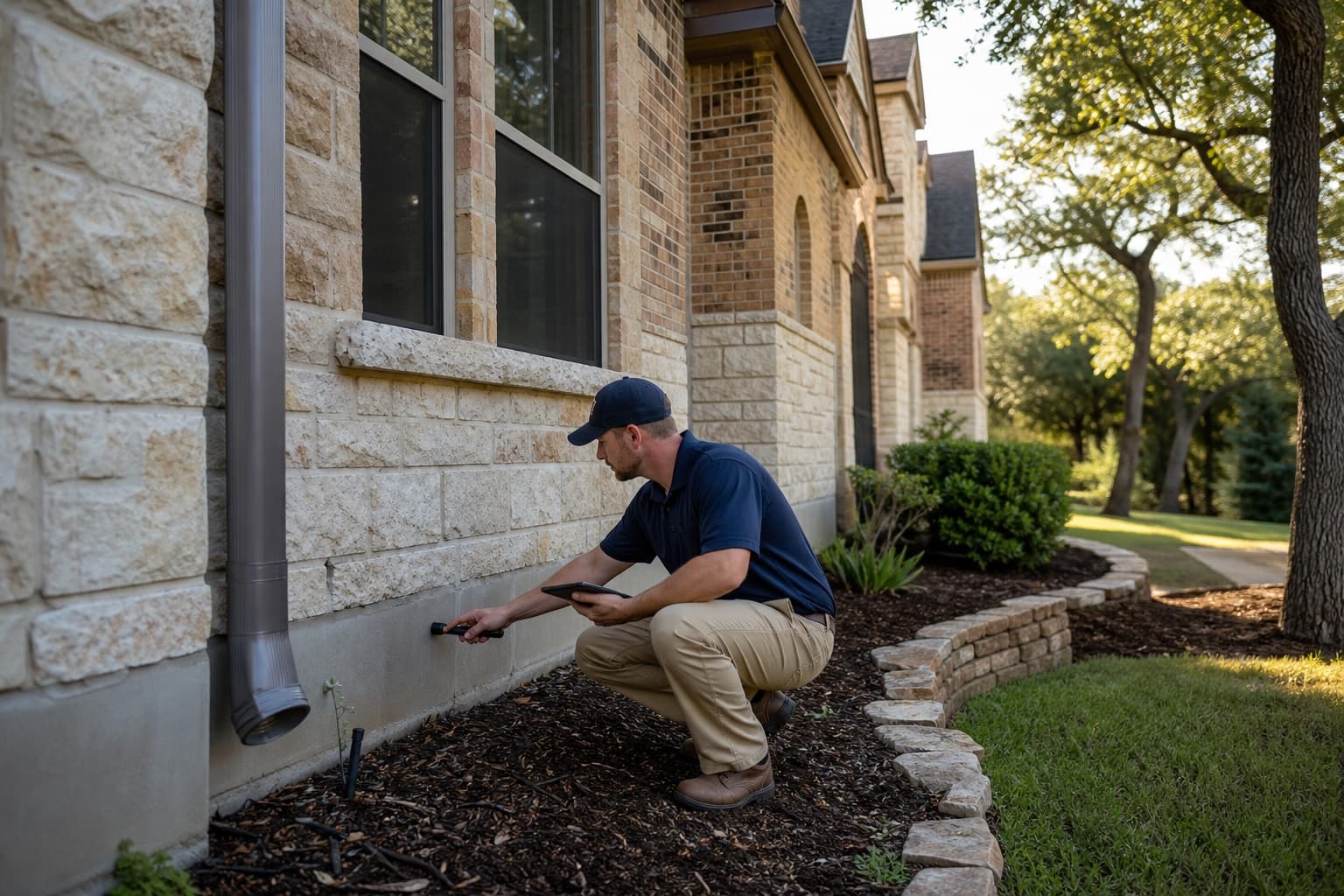 Inspector reviewing perimeter moisture and slab conditions at a Keller Texas home