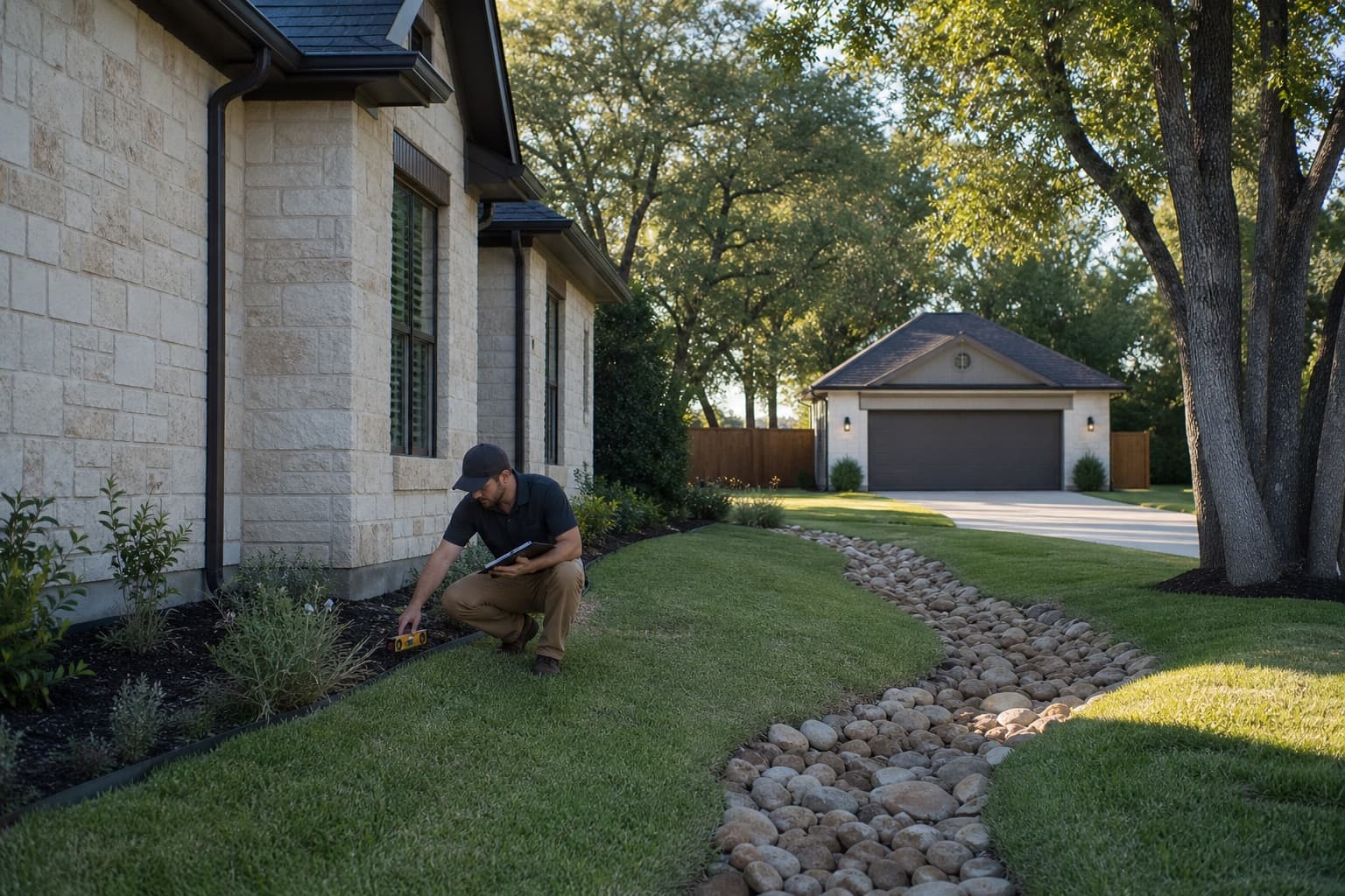 Technician mapping drainage across an illustrative larger Keller-area residential lot