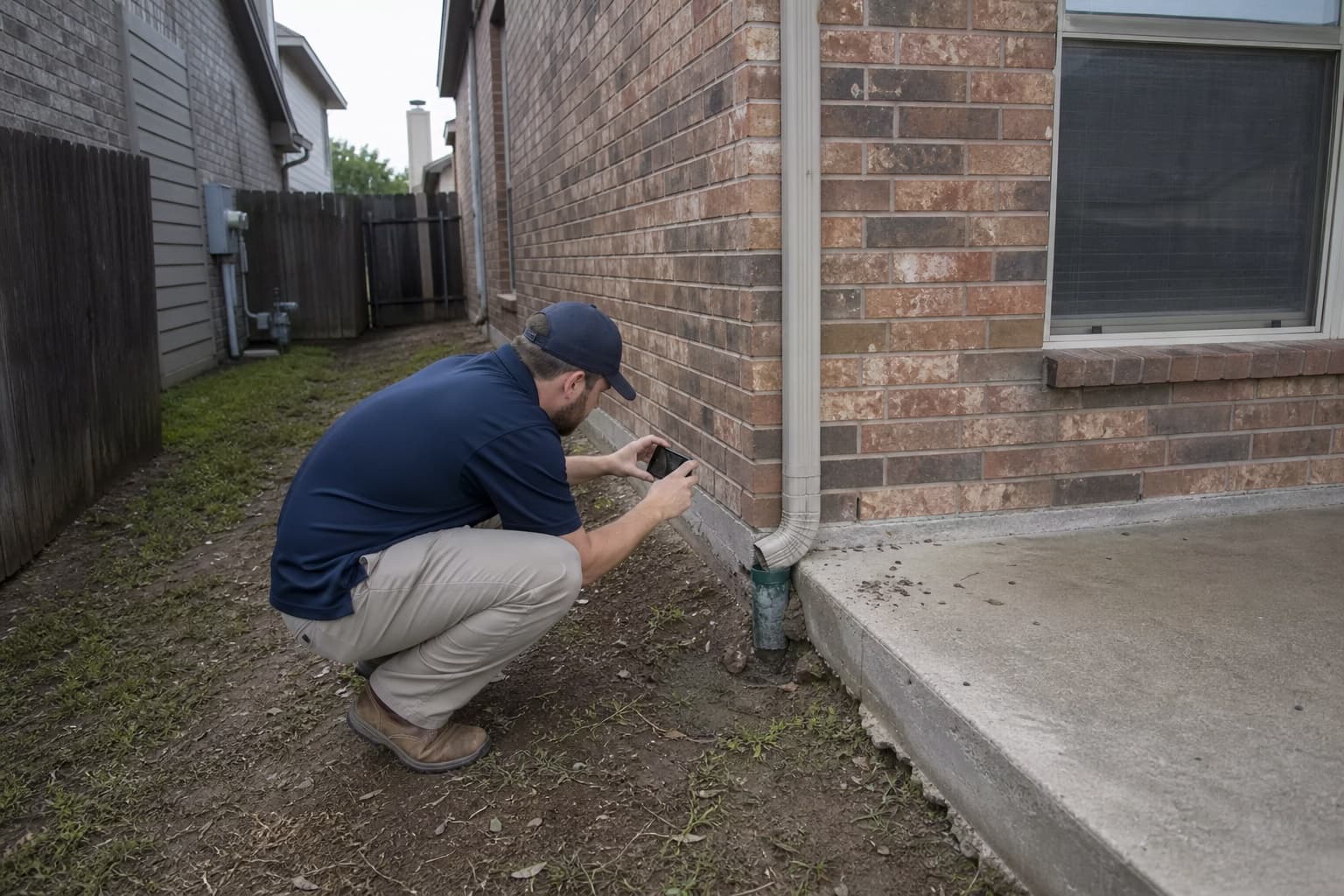 Inspector documenting side-yard runoff at a Lewisville Texas brick home