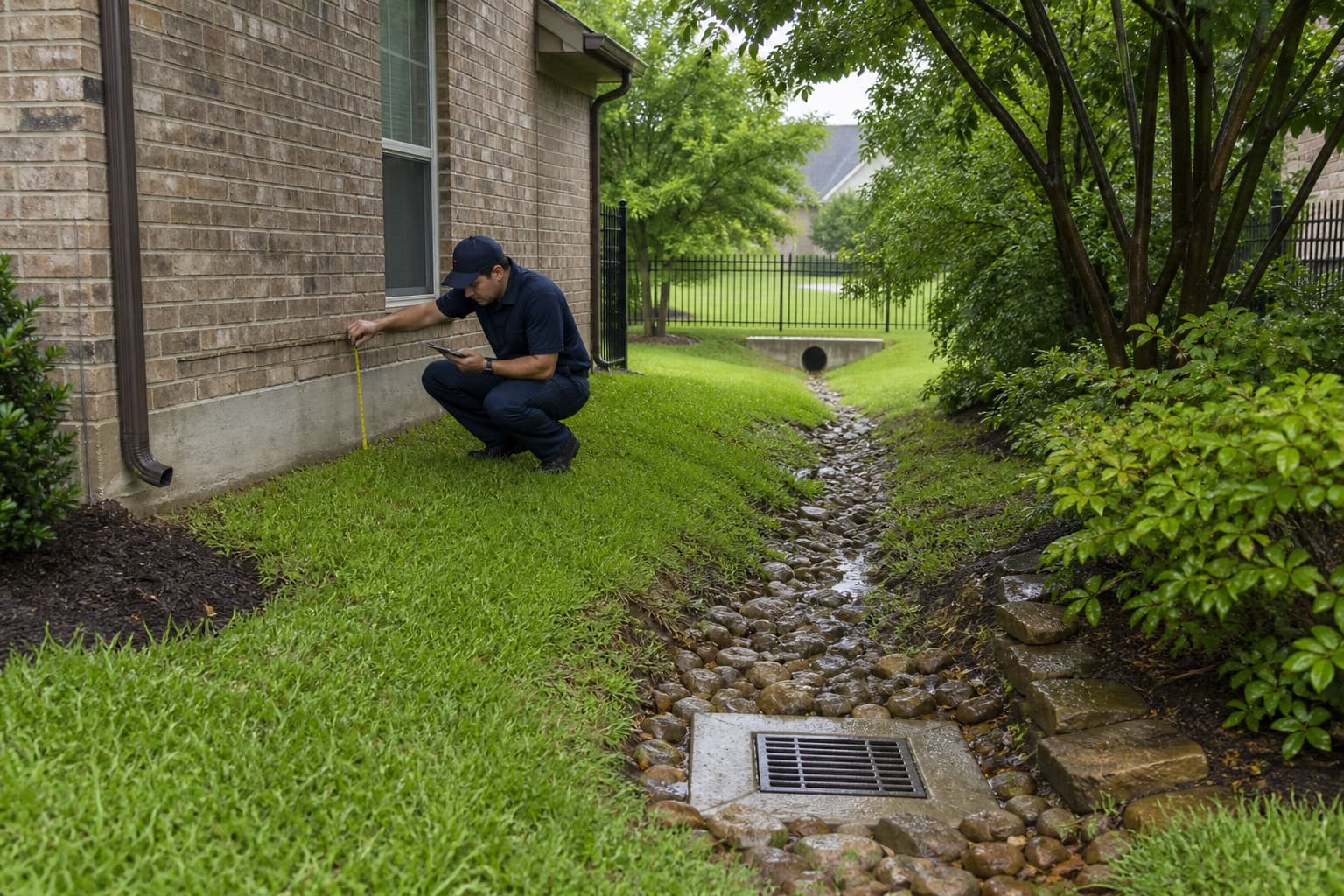 Technician tracing a shared drainage route beside an illustrative Lewisville-area home