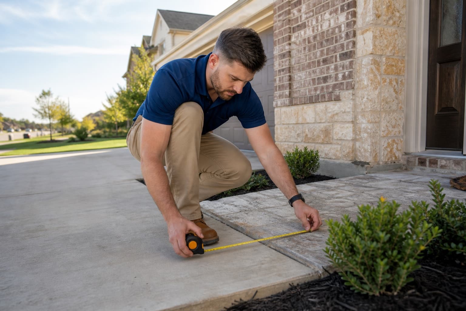 Inspector measuring slab and patio transitions at a Mansfield Texas home
