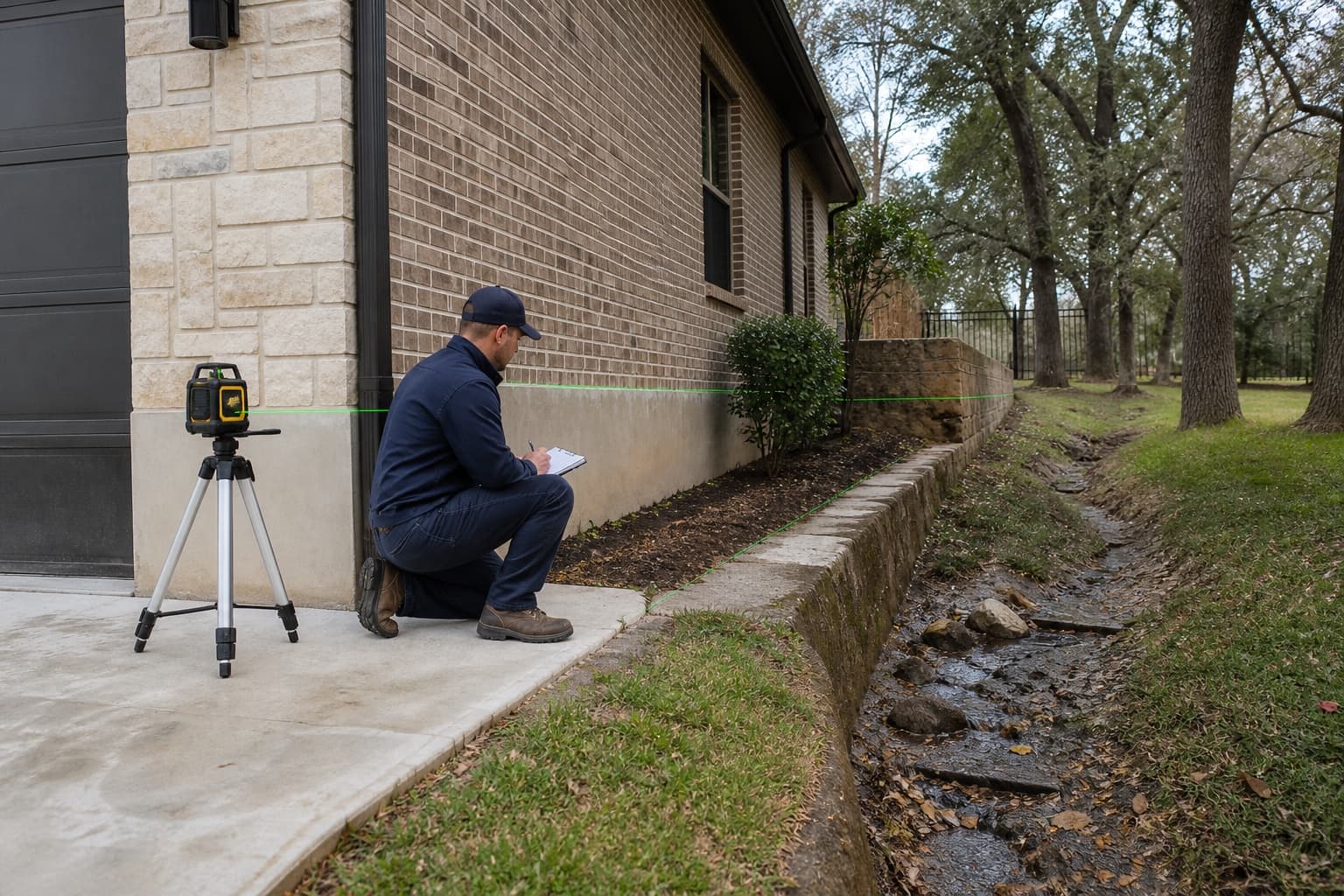 Technician measuring an illustrative Mansfield-area home where established and newer grades meet