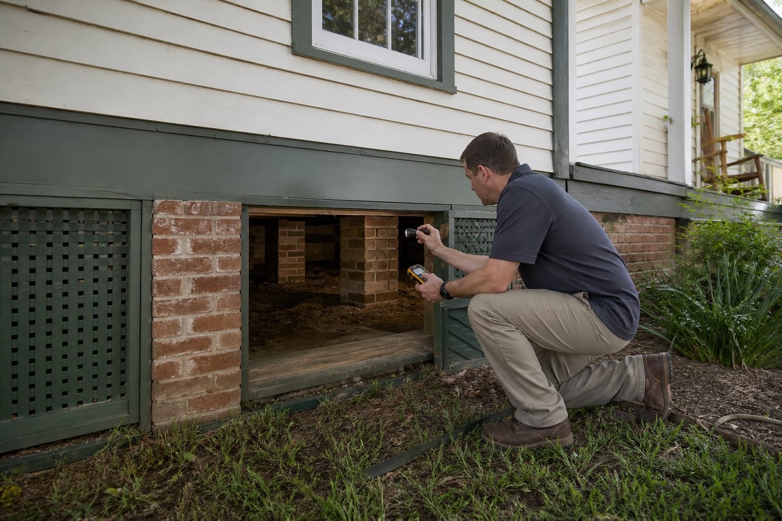 Technician inspecting accessible raised-floor supports at an illustrative McKinney-area property