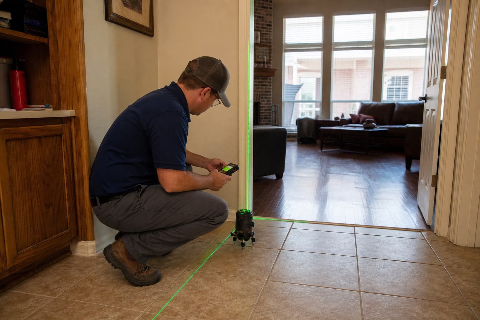 Inspector mapping floor levels at an established Mesquite Texas residence