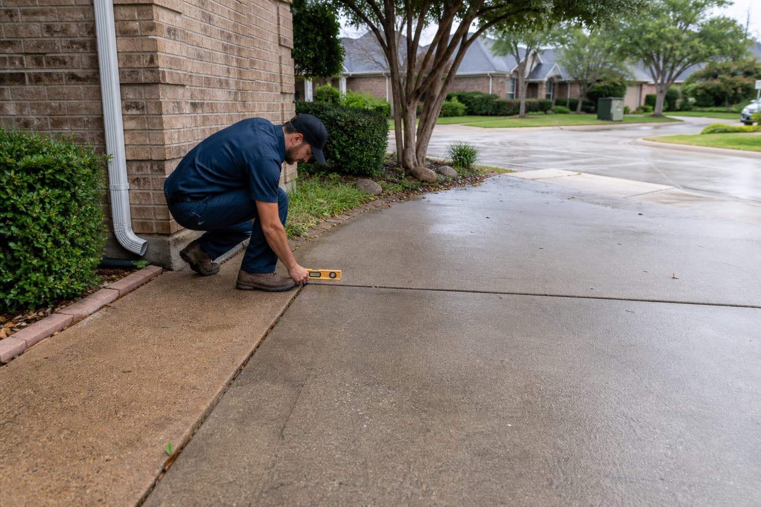 Technician comparing slab and driveway drainage at an illustrative Mesquite-area home