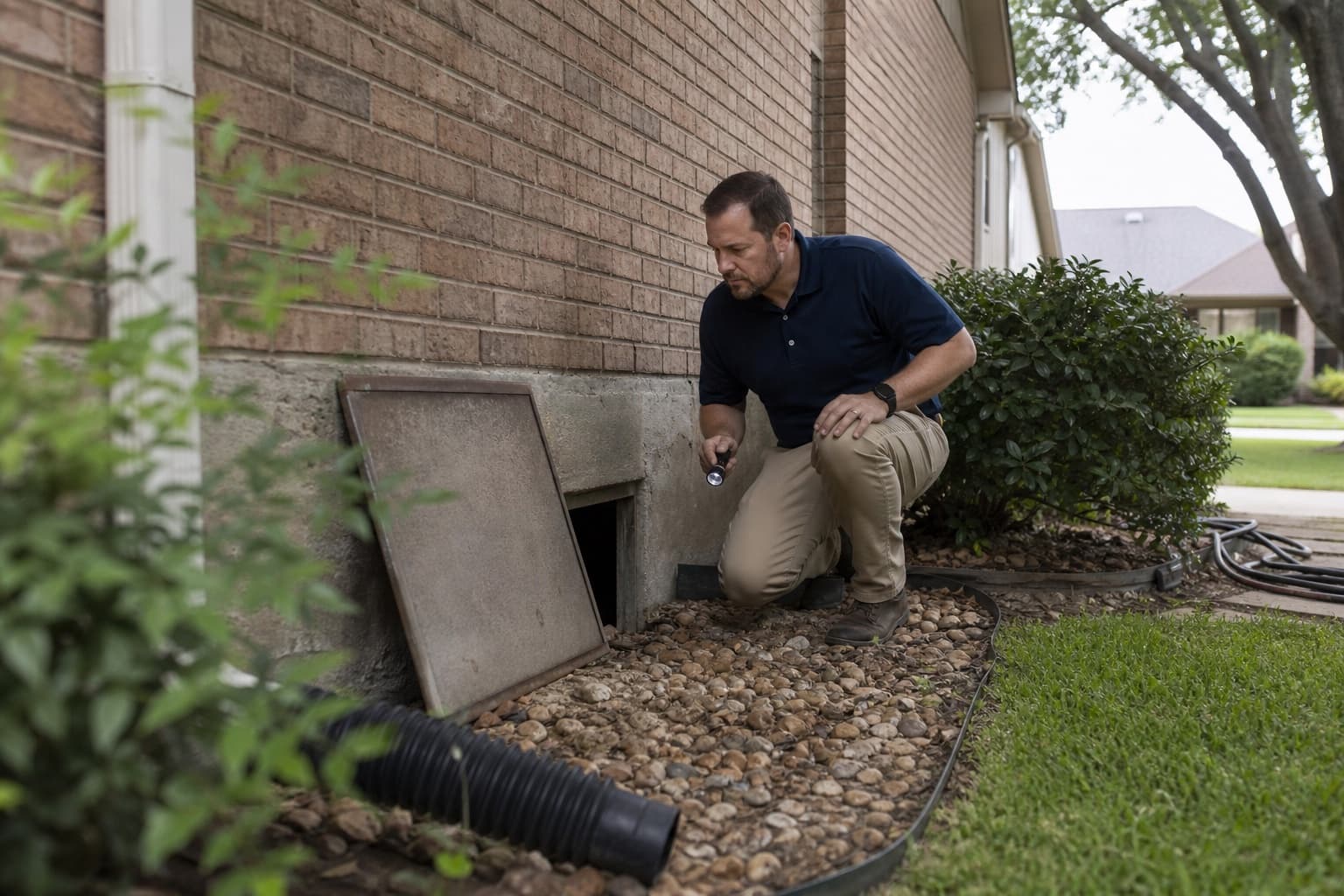 Inspector reviewing crawlspace and side-yard conditions at a North Richland Hills Texas home