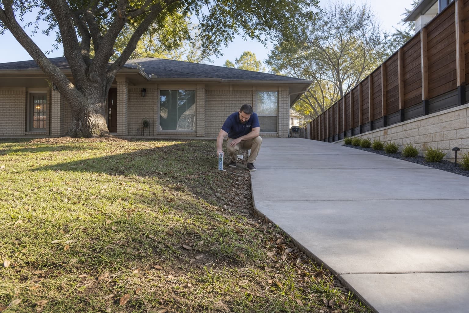 Technician documenting foundation and drainage transitions at an illustrative North Richland Hills home