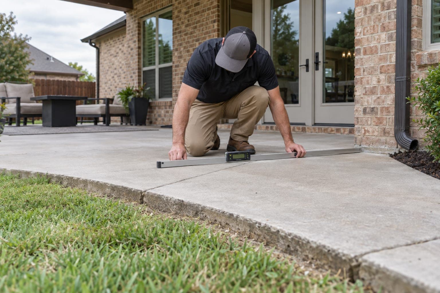 Residential patio slab being evaluated for concrete leveling in Frisco