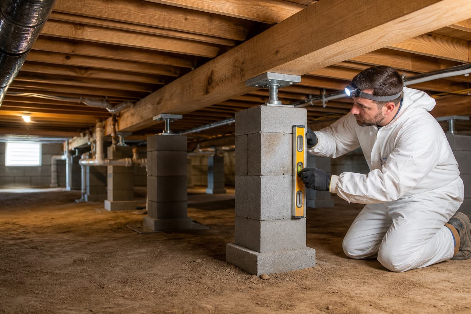 Pier and beam supports illustrating crawlspace evaluation for an older Grapevine home