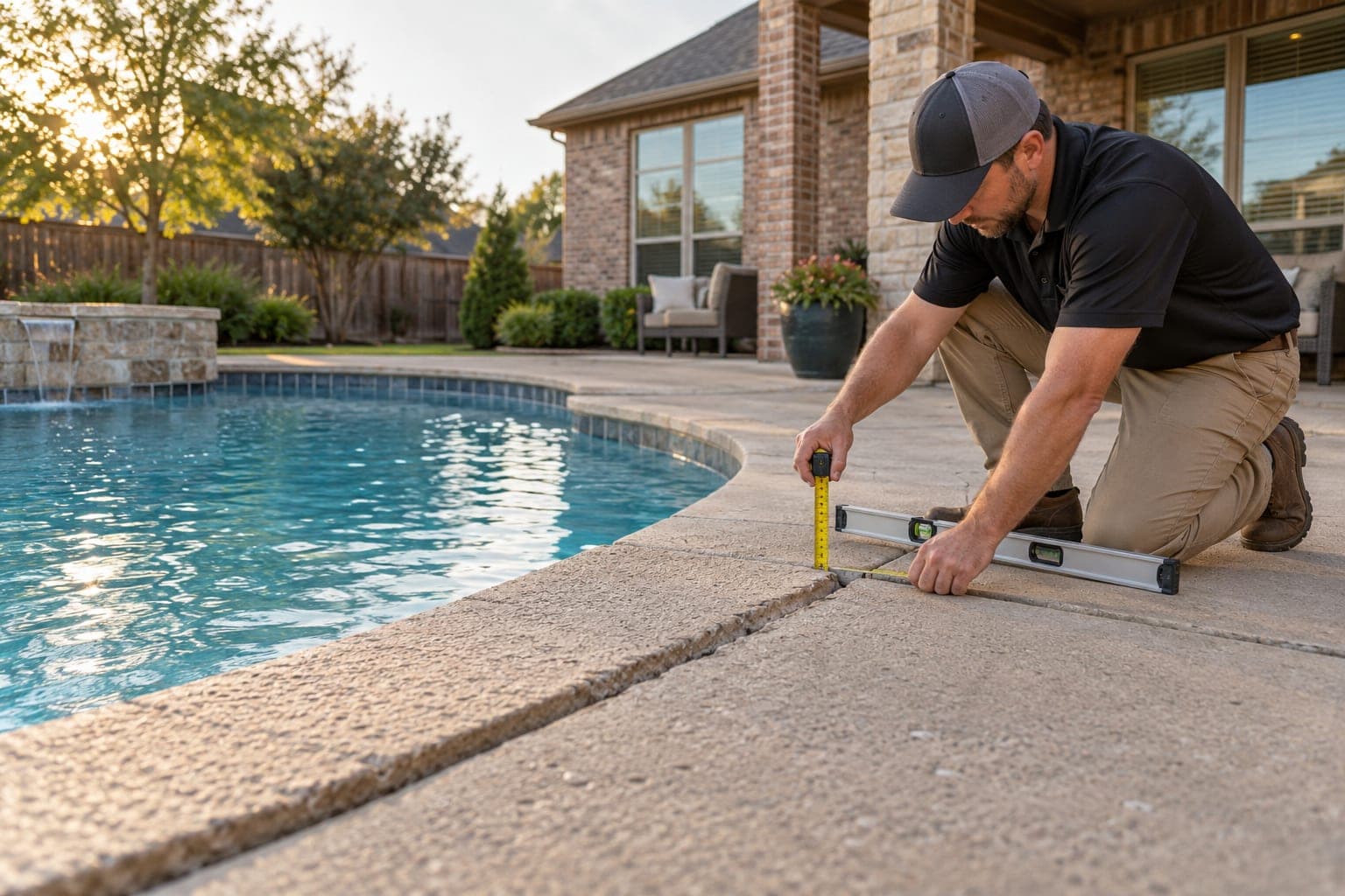 Residential pool-deck panel being evaluated for concrete leveling in Arlington