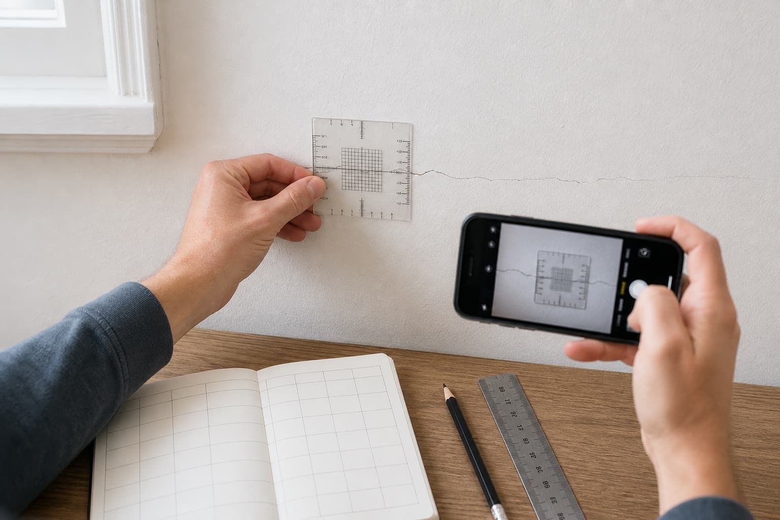 Hands photographing a small drywall crack beside a monitoring gauge and notebook