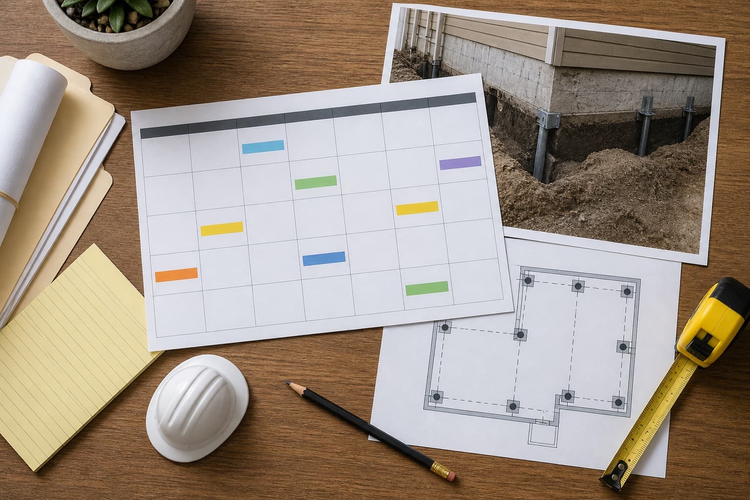 Blank project calendar, foundation work photo, pier layout, tape measure, and hard hat