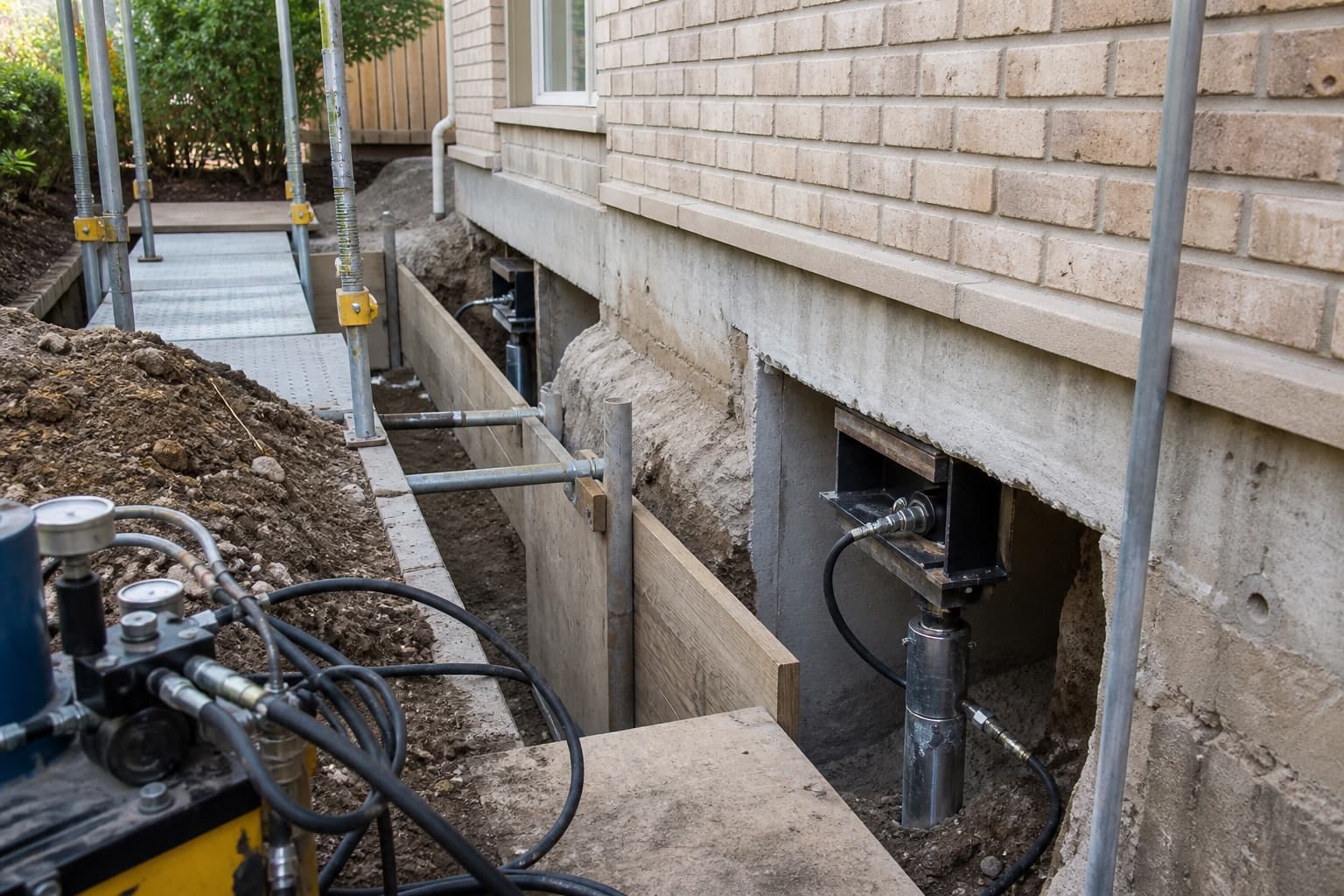 Hydraulic equipment connected to steel underpinning supports beside an excavated foundation edge