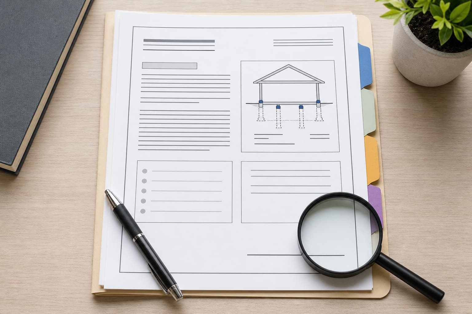 Foundation support diagram and review packet arranged with a magnifying glass