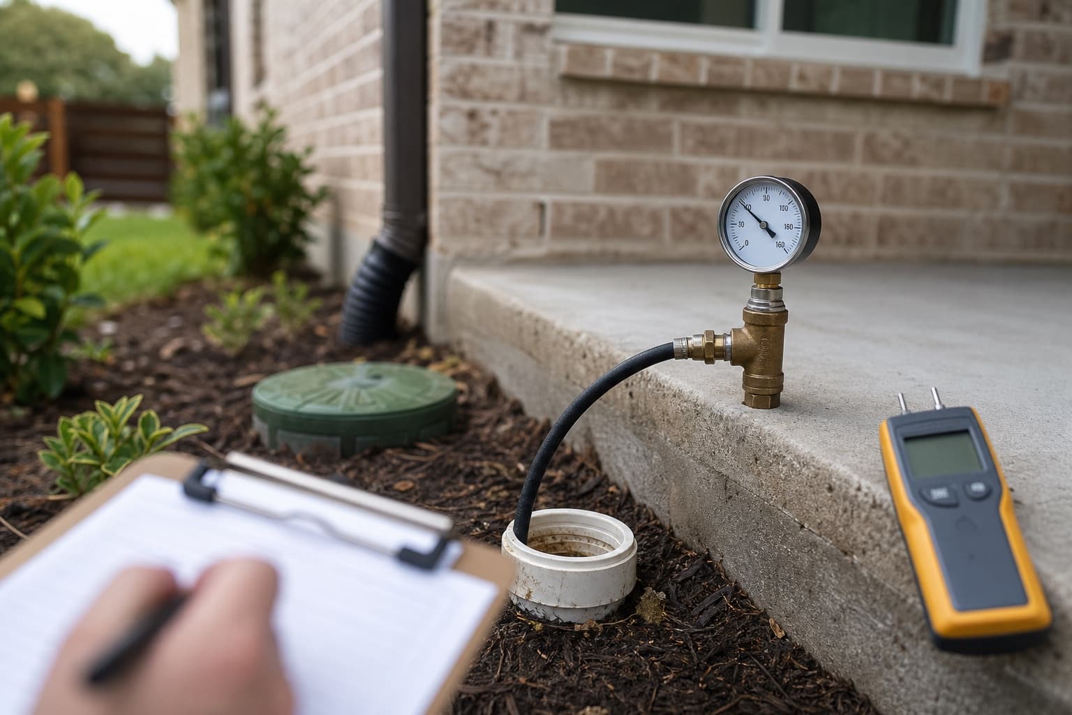 Pressure test gauge and moisture meter arranged beside a slab edge and plumbing cleanout