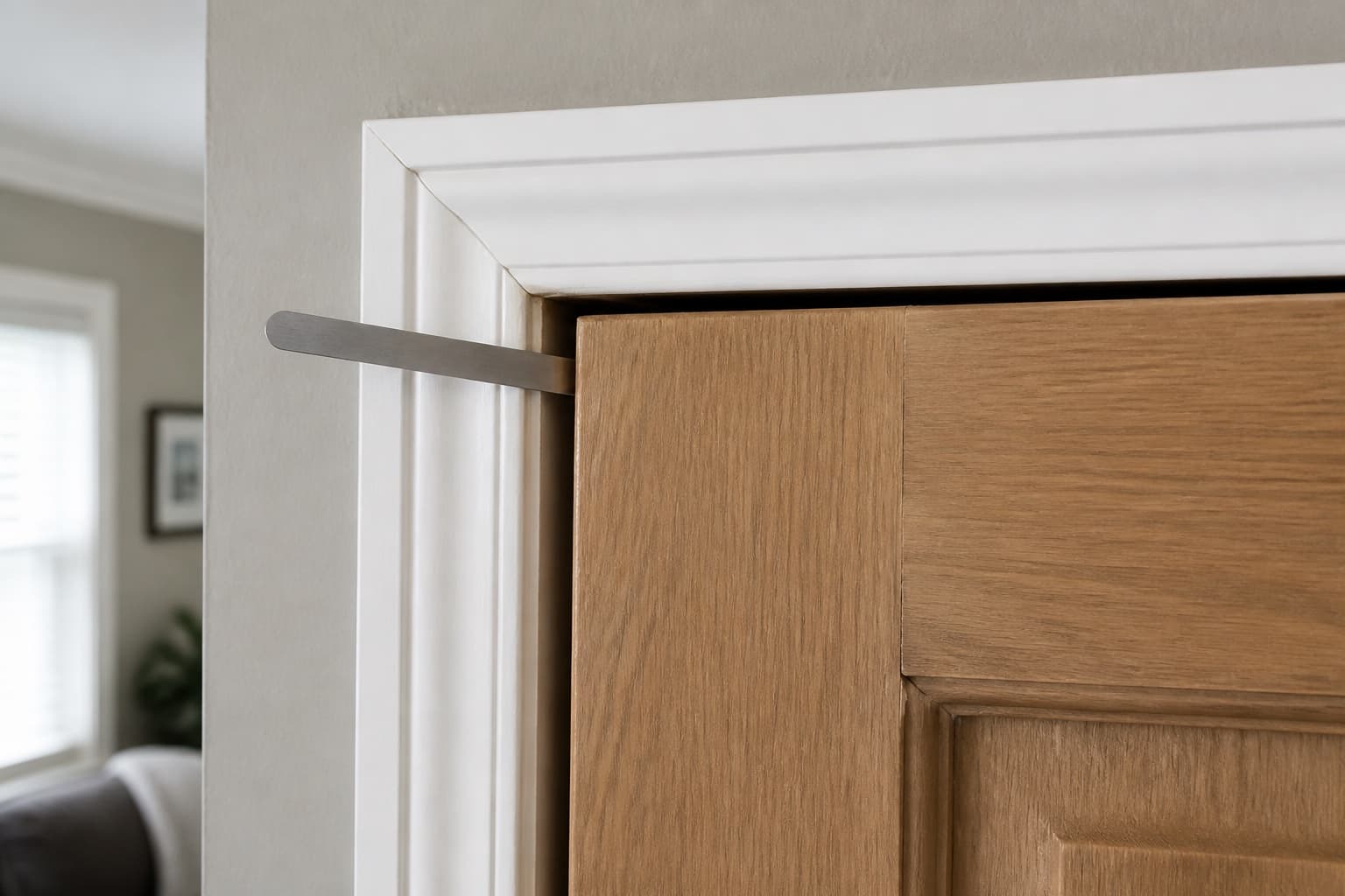 Feeler gauge checking an uneven gap above a partially open wood door
