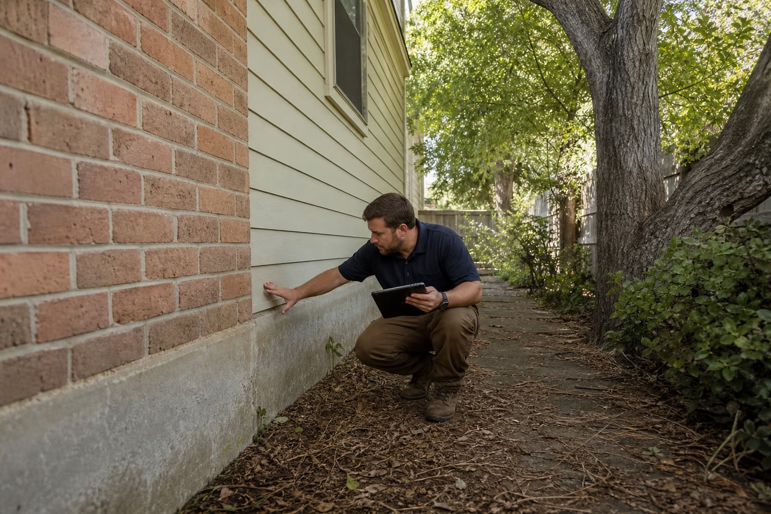 Inspector examining an addition transition at a Richardson Texas brick home