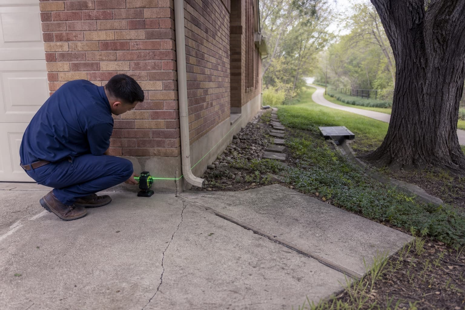 Technician documenting foundation and creek-route drainage at an illustrative Richardson-area home