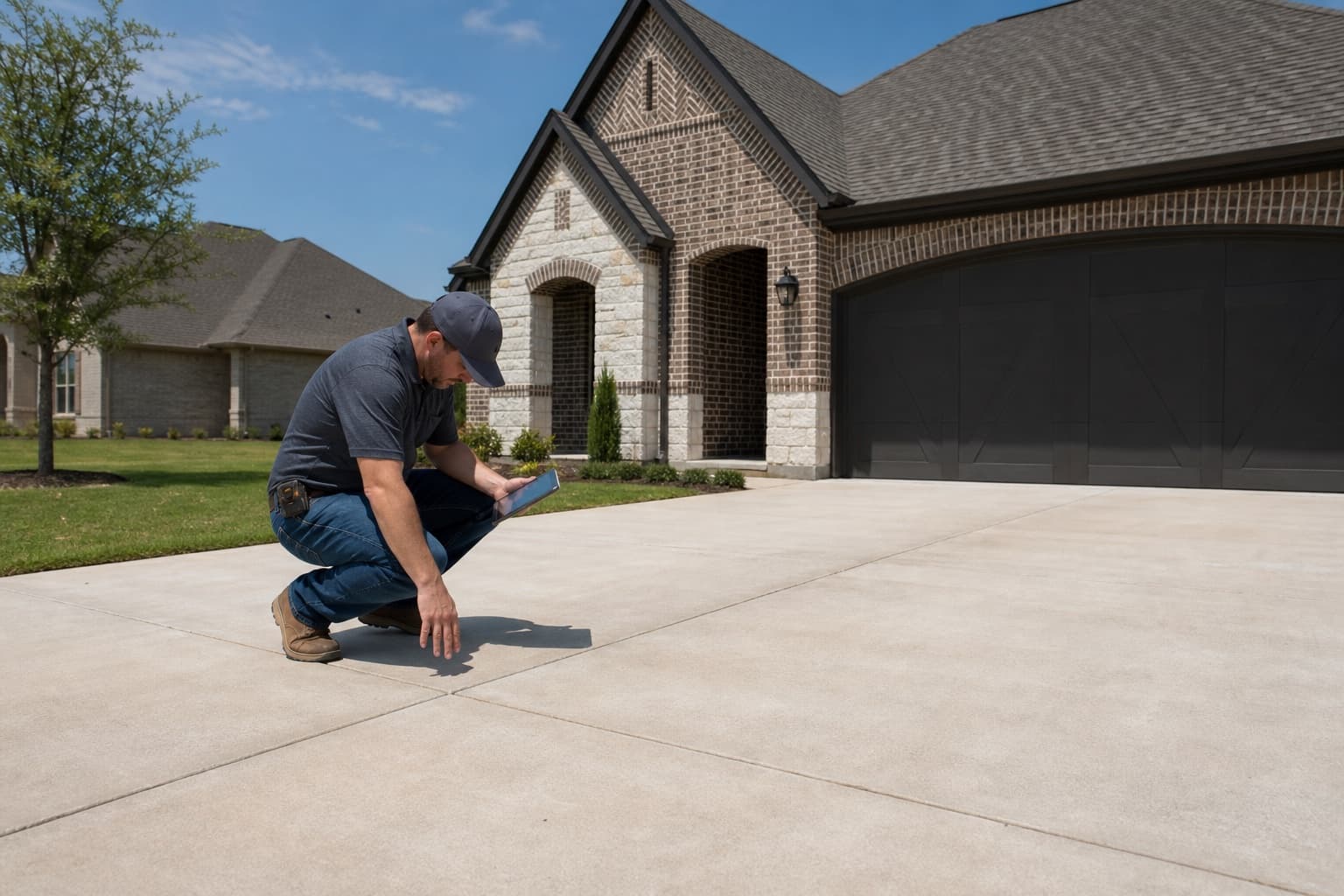 Inspector comparing driveway flatwork and slab conditions at a Roanoke Texas home