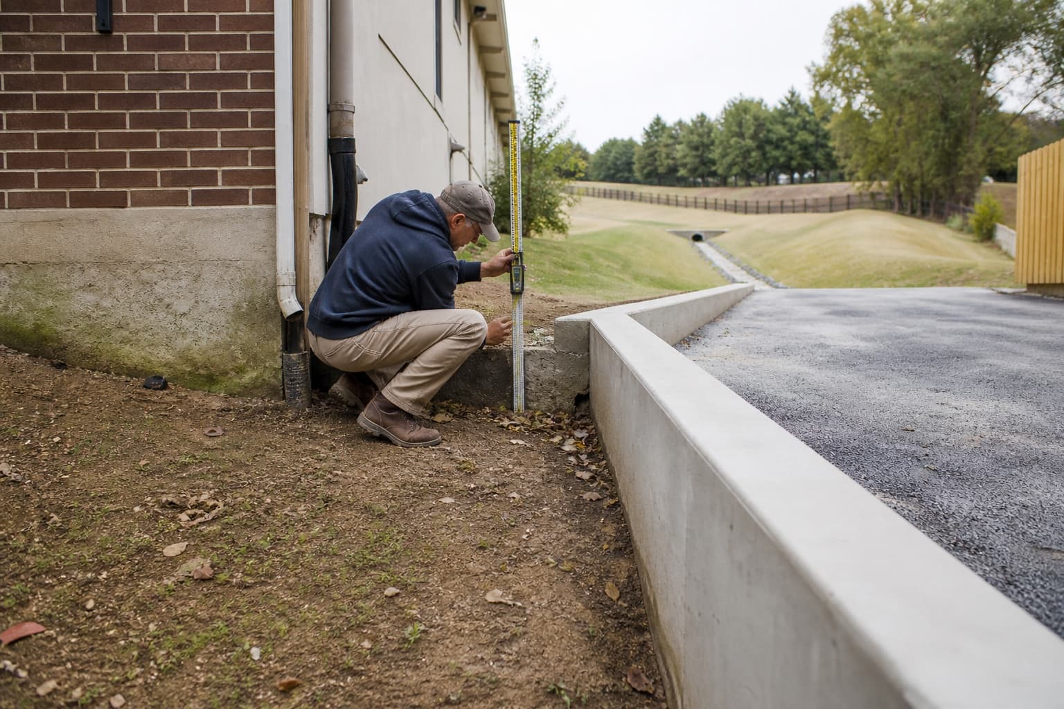 Technician evaluating an established-to-new grade transition at an illustrative Roanoke property