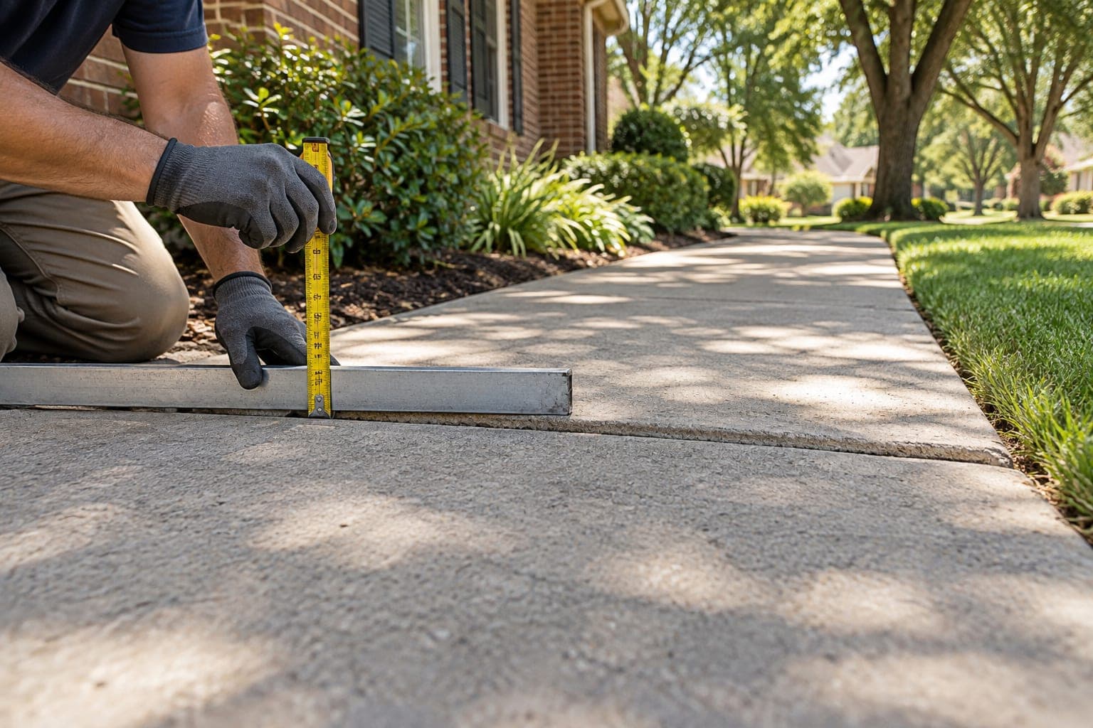 Uneven sidewalk panels being inspected to compare leveling with replacement