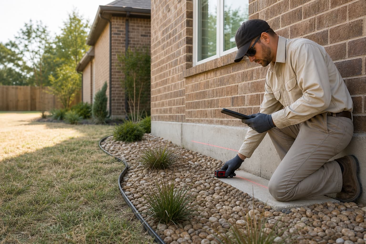 Technician measuring the perimeter of a slab foundation at a North Texas brick home