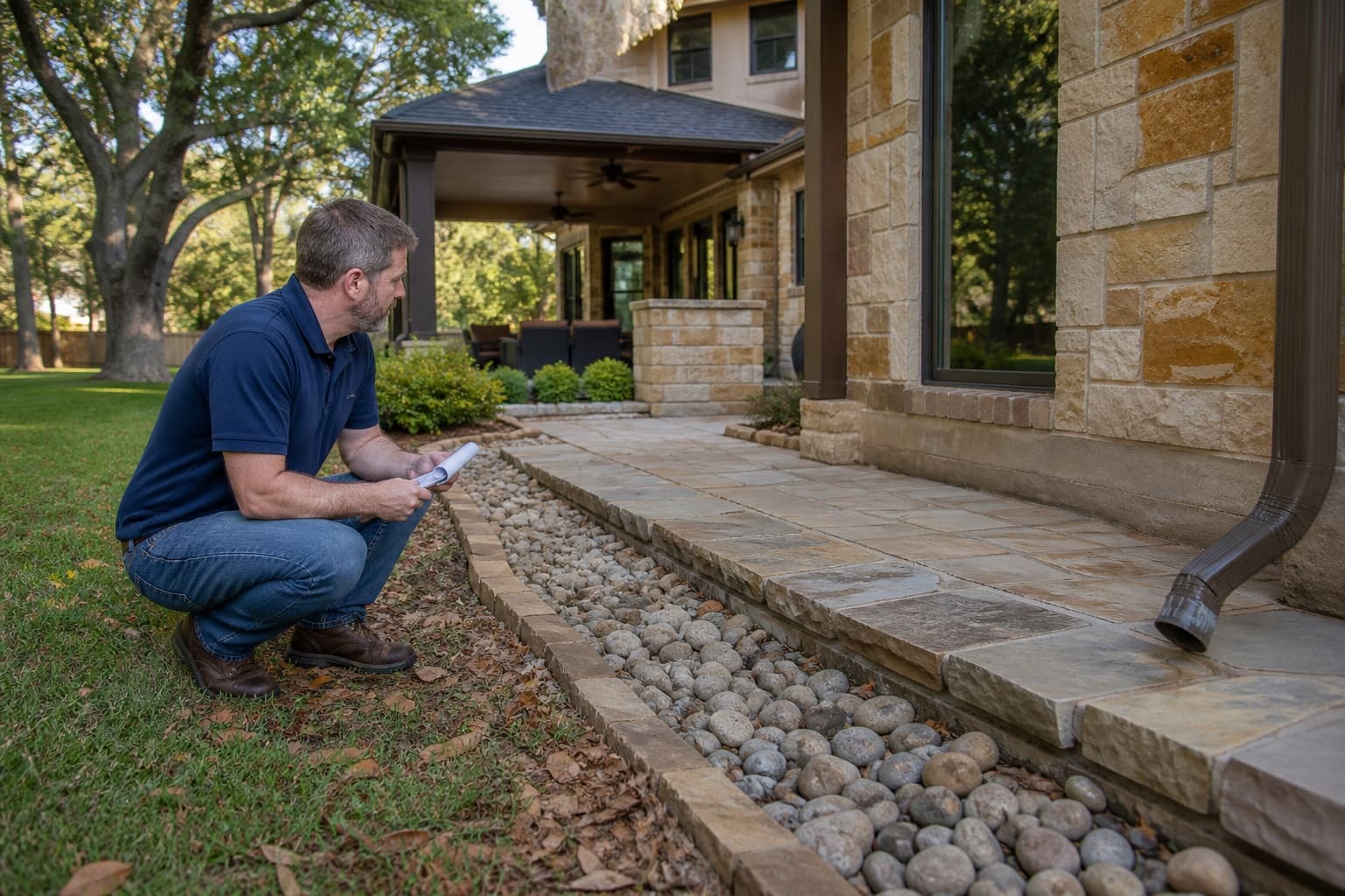 Inspector reviewing hardscape and drainage around a Southlake Texas residence