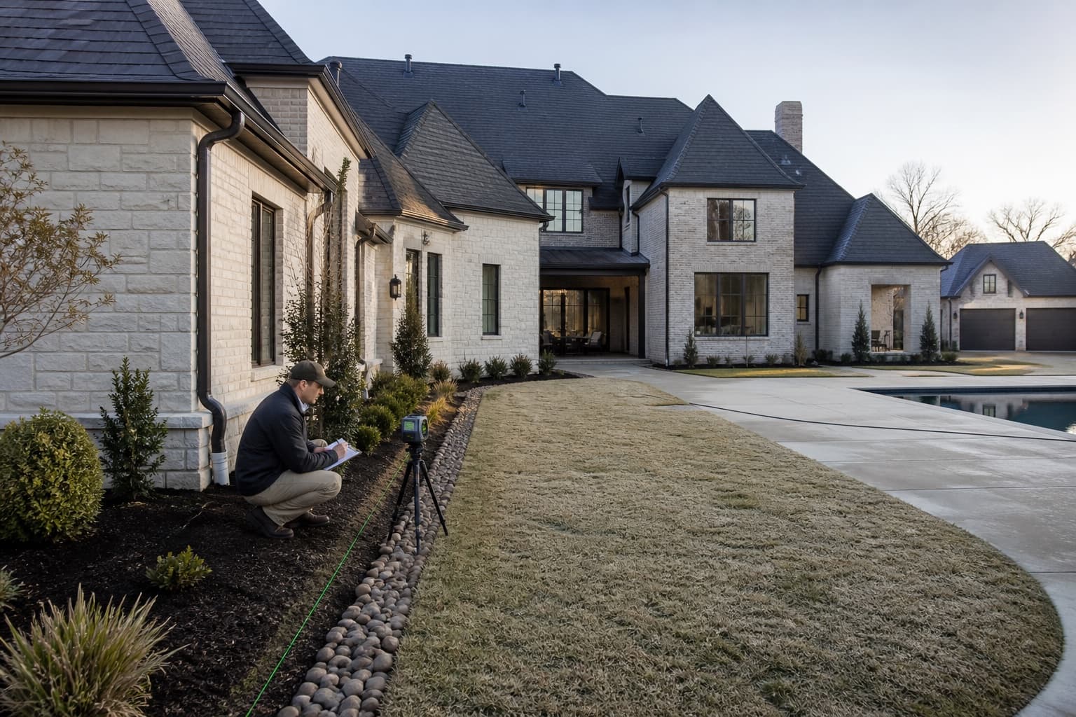 Technician mapping multiple drainage zones at an illustrative large Southlake-area property